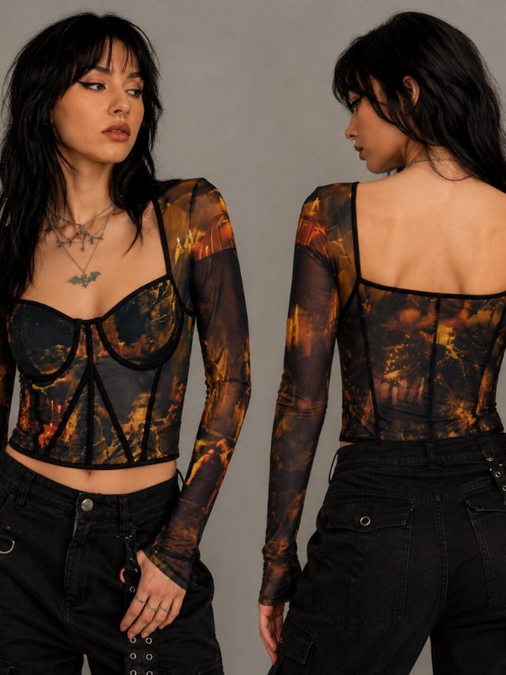 Current Mood Mesh Corset Top Small Gothic Long Sleeve Underwire